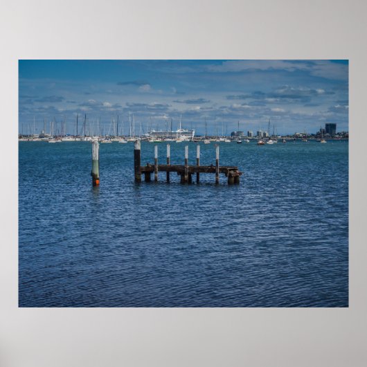 Old Pier Piles St Kilda Harbour with Sailboats ポスター (正面)