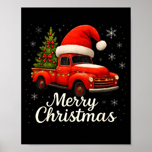 Old Red Truck Santa Hat Xmas Tree Merry Christmas  ポスター (正面)