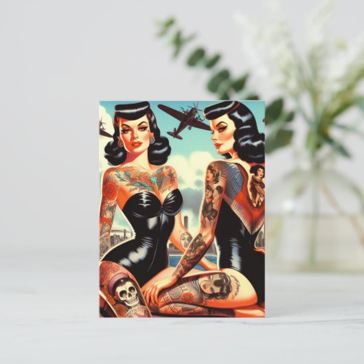 Old School Tatttooed Pin-up ポストカード (スタンド正面)