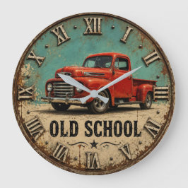 Old School Vintage Red Pickup Truck Rustic ラージ壁時計