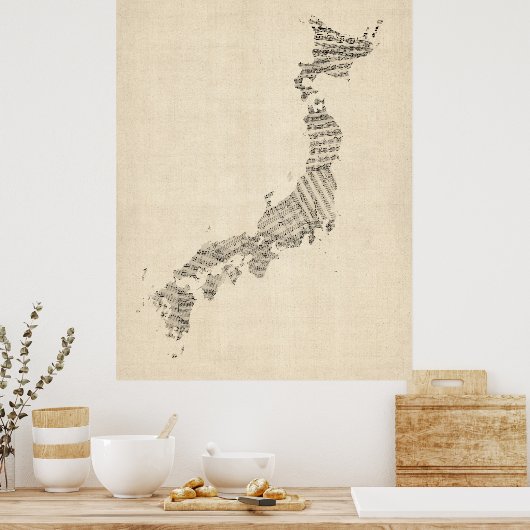 Old Sheet Music Map of Japan ポスター (キッチン)