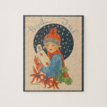 Old Swedish Merry Christmas illustration ジグソーパズル<br><div class="desc">Vintage Christmas cards for this easy puzzle. 
Girl with Christmas gifts and poinsettia,  fine art painting by Swedish artist Margaret Broberg  - Merry Christmas!
by Kardemummadesign
Visit my shop at www.zazzle.com/store/kardemummadesign</div>