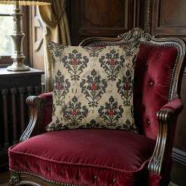 Old Victorian Black Red & Beige Damask クッション