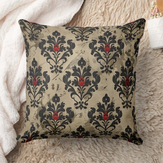 Old Victorian Black Red & Beige Damask クッション (ブランケット)