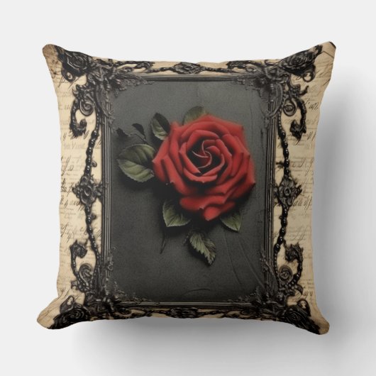 Old Victorian Black with Red Rose クッション (正面)