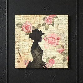 Old Victorian Silouette with Pink Roses キャンバスプリント