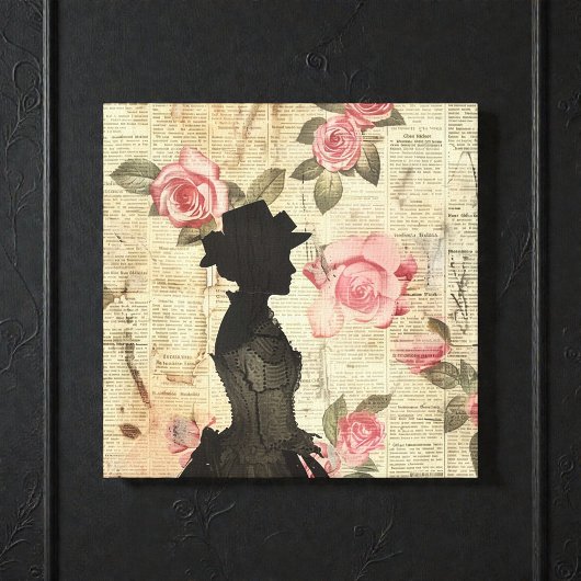 Old Victorian Silouette with Pink Roses キャンバスプリント