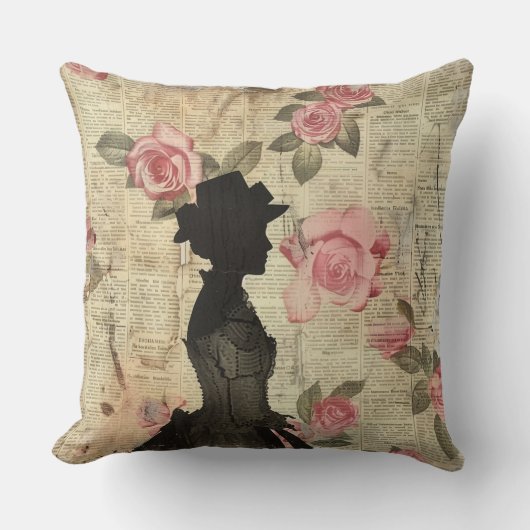 Old Victorian Silouette with Pink Roses クッション (正面)