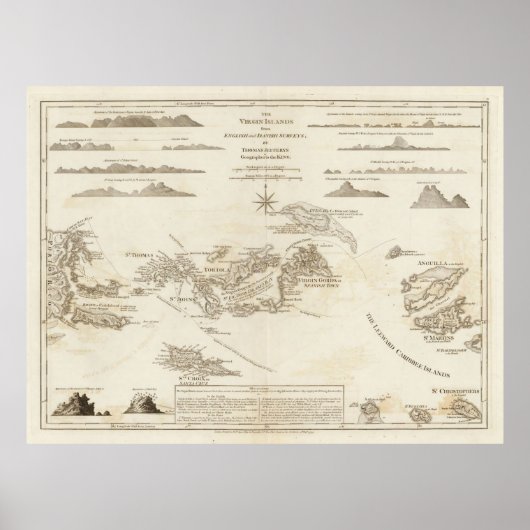 Old Virgin Islands Map (1775) St Thomas, St Croix ポスター (正面)