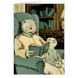 Old weasel reading a book to a young weasel