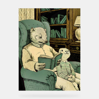 Old weasel reading a book to a young weasel アクリルサイン