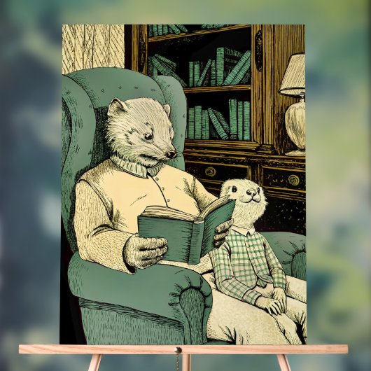 Old weasel reading a book to a young weasel アクリルサイン (ニュートラル)