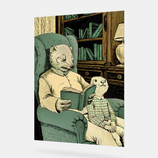 Old weasel reading a book to a young weasel アクリルサイン (傾斜)