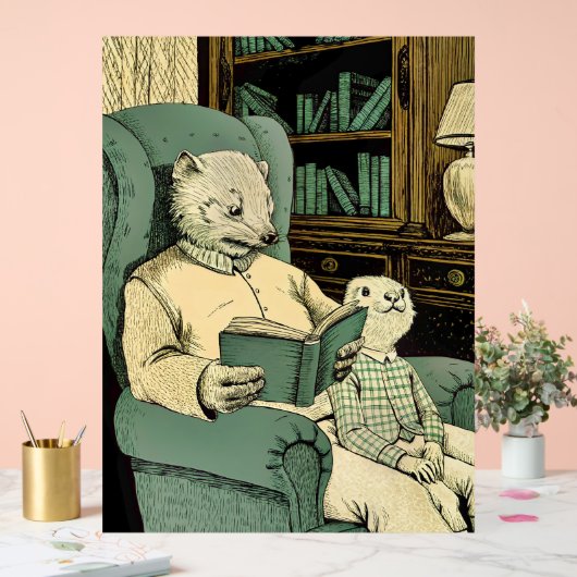 Old weasel reading a book to a young weasel アクリルサイン (ウェディング)