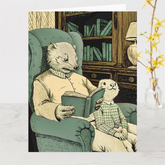 Old weasel reading a book to a young weasel カード (黄色い花)