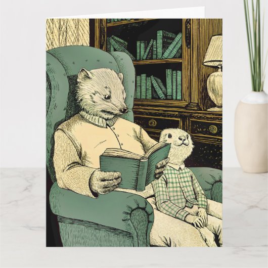 Old weasel reading a book to a young weasel カード (正面)
