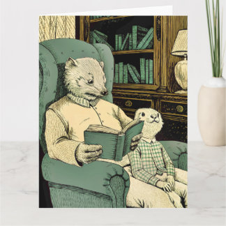 Old weasel reading a book to a young weasel カード