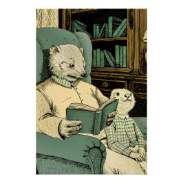 Old weasel reading a book to a young weasel ポスター