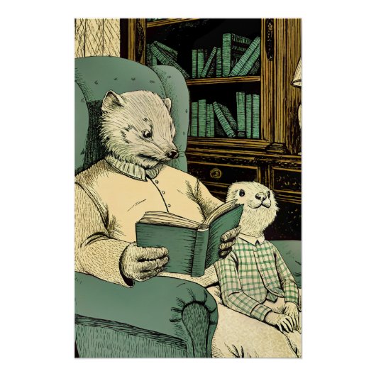 Old weasel reading a book to a young weasel ポスター (正面)
