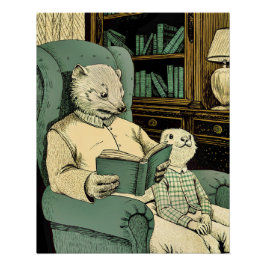 Old weasel reading a book to a young weasel ポスター