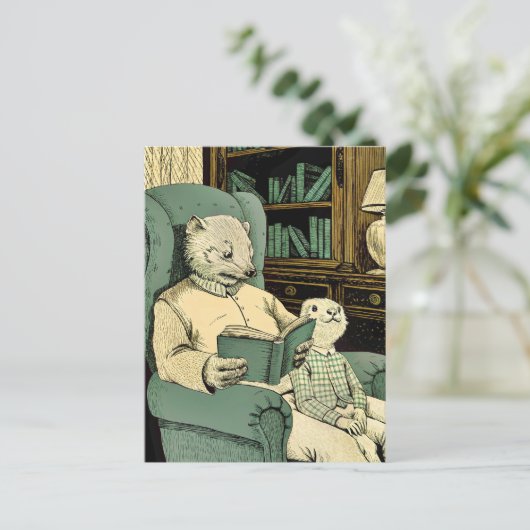 Old weasel reading a book to a young weasel ポストカード (スタンド正面)