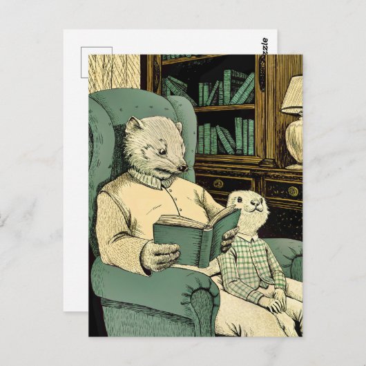 Old weasel reading a book to a young weasel ポストカード (正面/裏面)