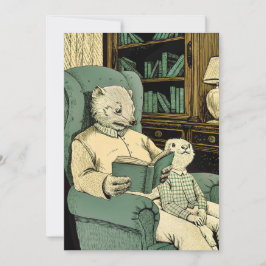 Old weasel reading a book to a young weasel 招待状