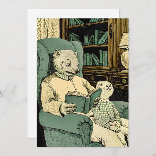 Old weasel reading a book to a young weasel 招待状 (正面/裏面)