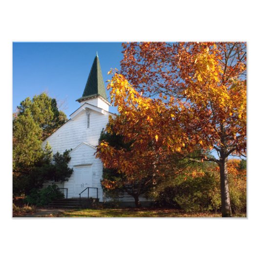 Old White Church in Autumn フォトプリント (正面)