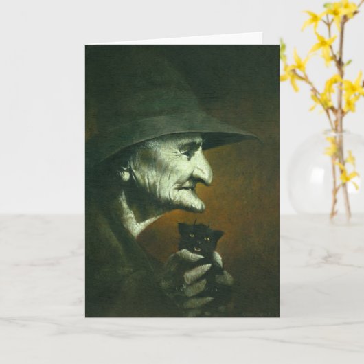 Old Witch with Familiar Greetings Card カード (黄色い花)