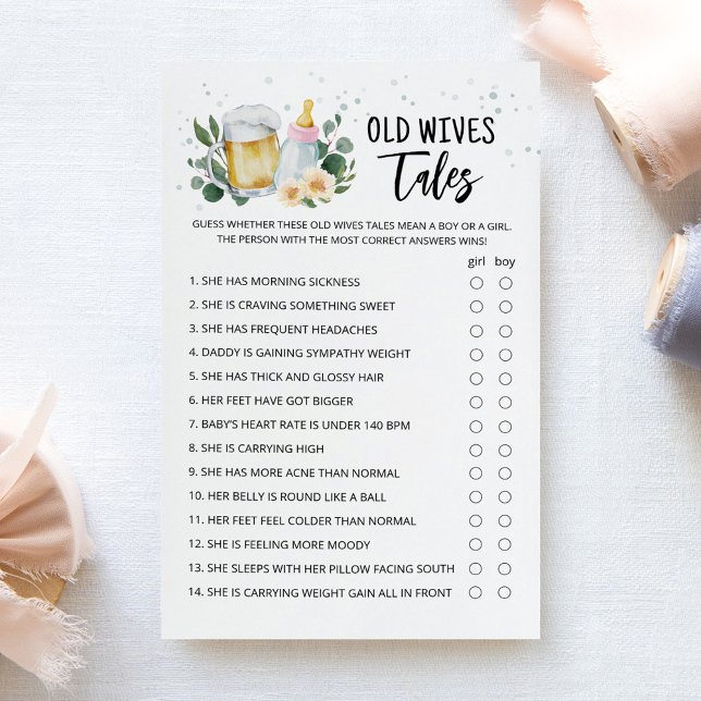 Old Wives Tales Game Greenery Baby Is Brewing Pink (Greenery and Beer Baby Brewing Baby Shower Old Wives Tales Game)