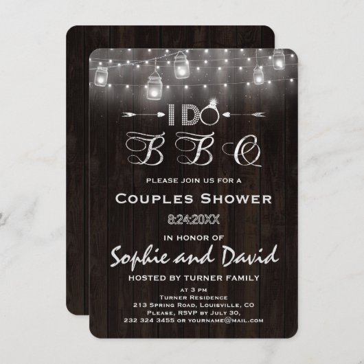 Old Wood Mason Jars String Lights I DO BBQ 招待状 (正面/裏面)