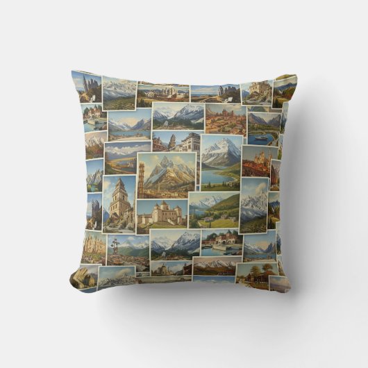 Old-World European Postcard Collage Pattern クッション (正面)