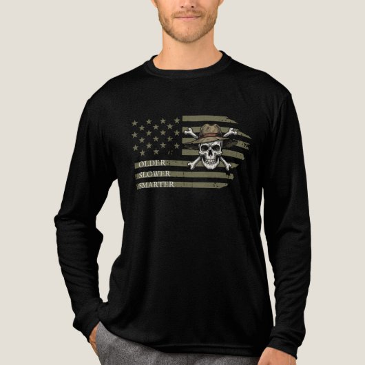 Older Slower Smarter Skull US Flag Long Sleeve Tee トライブレンドＴシャツ (正面)