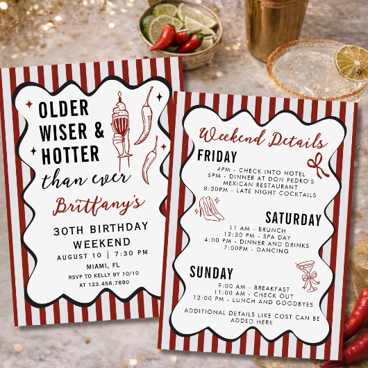 Older Wiser Hotter Red Birthday Weekend Itinerary 招待状