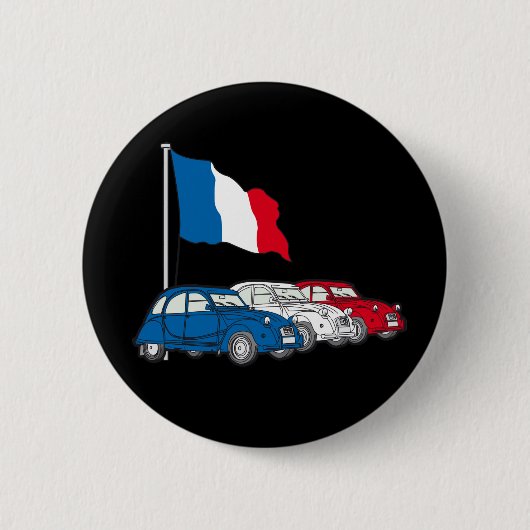 Oldtimer 2CV Trio Frankreich Flagge 缶バッジ (正面)