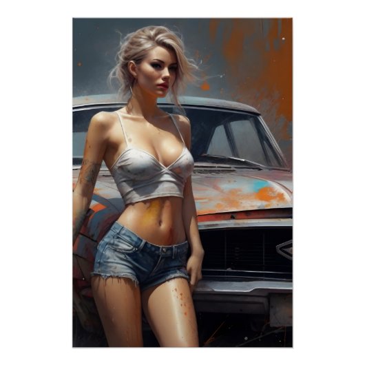 oldtimer pinup nostalgie kunstwerk blond frau ポスター (正面)