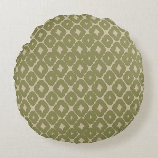Olive and cream Boho Geometric Throw Pillow ラウンドクッション (正面)