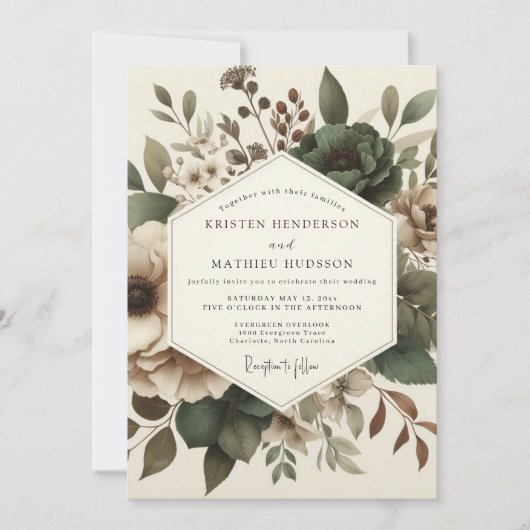 Olive Antique Floral Wedding 招待状 (正面)