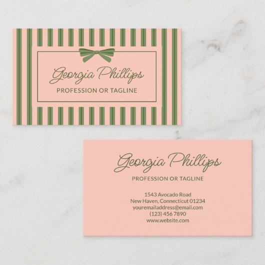 Olive Blush Stripes & Bow Retro 名刺 (正面/裏面)