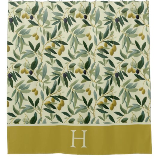 Olive Branch Monogram Initial シャワーカーテン (正面)