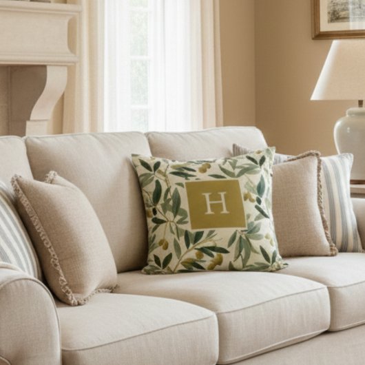 Olive Branch Monogram Initial Botanical クッション