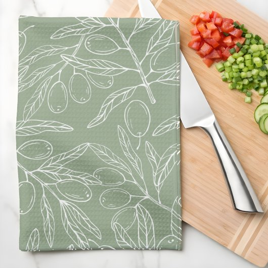 Olive Branch Pattern Sage Green キッチンタオル