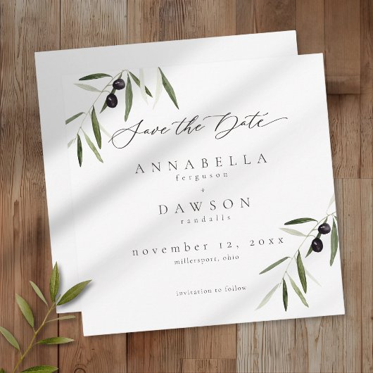 Olive Branch Watercolor Elegant Minimalist Wedding セーブザデート