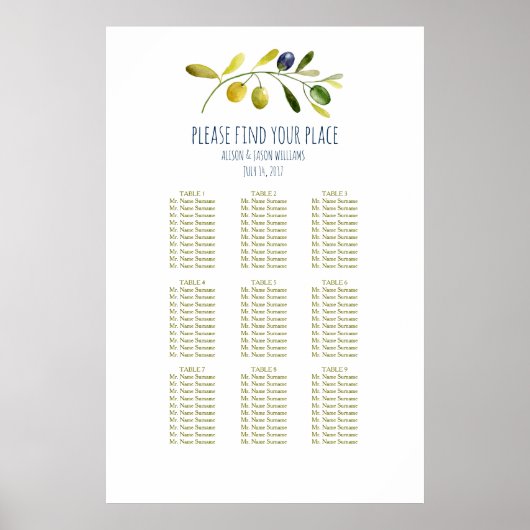 Olive branch wedding dinner seating chart ポスター (正面)