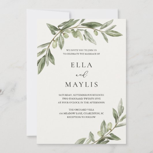 Olive Branch Wedding Invitation | Mediterranean  招待状 (正面)