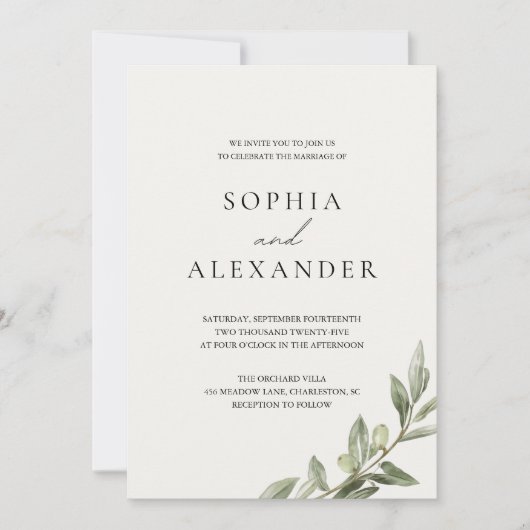 Olive Branch Wedding Invitation with QR Code  招待状 (正面)