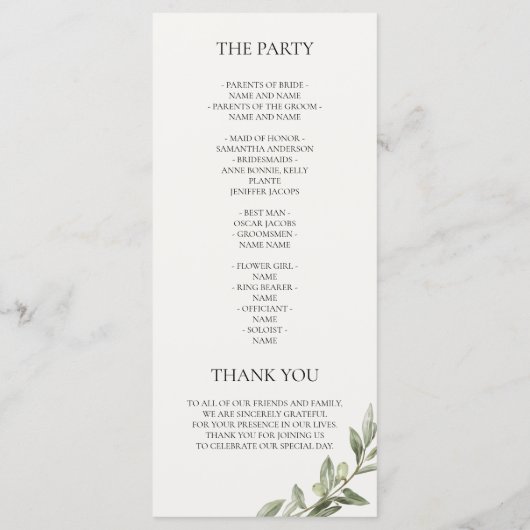 Olive Branch Wedding Program | Elegant Greenery  メニュー (裏面)
