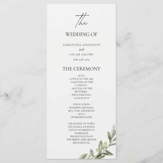 Olive Branch Wedding Program | Elegant Greenery  メニュー (正面)