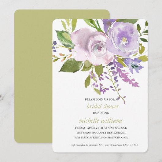 Olive | Chic Lavender Floral Wedding Bridal Shower 招待状 (正面/裏面)